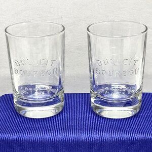 Bulleit Bourbon Frontier Whiskey Embossed Glasses (2) Heavy Base Barware 1990s